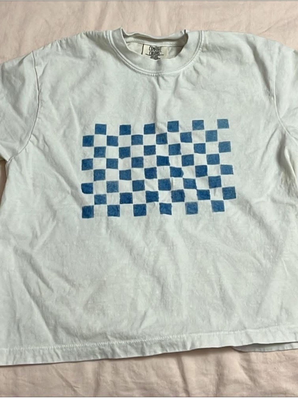 Comfort Colors crop top White Tee with Blue Checkerboard Graphic